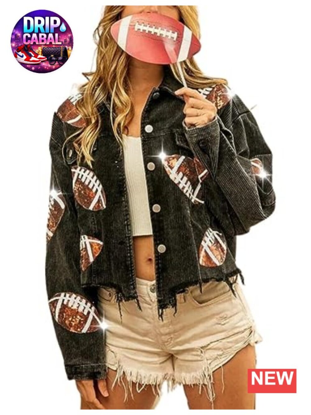 Corduroy Crop Shacket with Football Rugby Sequin Embroidery Frayed Hem